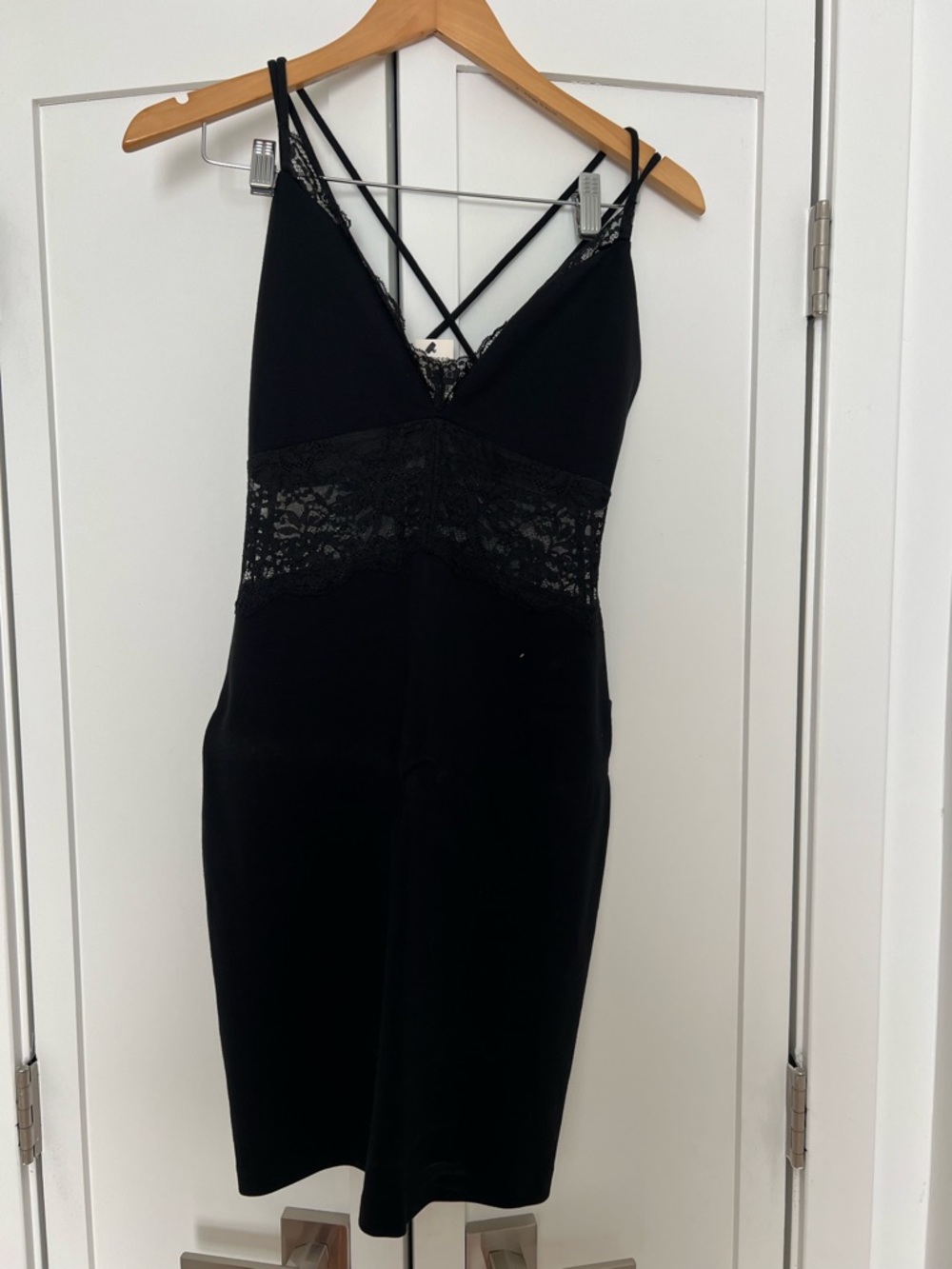Express Black Lace-Inset BodyCon Dress with Crisscross Straps